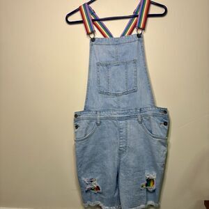 Target Denim Shortalls Rainbow Stripes Adult SMALL Light Wash Raw Hem